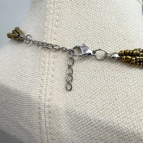 Dichroic Glass Teardrop Pendant Necklace Multi Strand Bronze Seed Beads - Picture 6 of 10